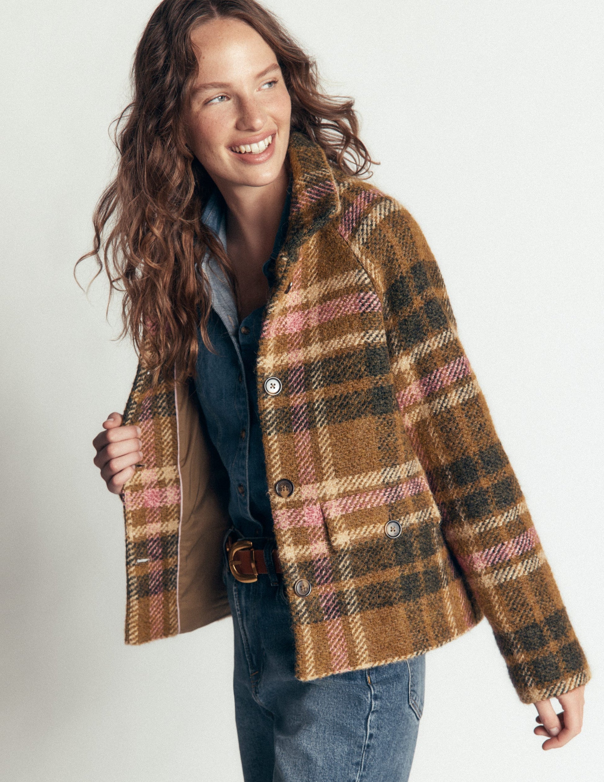 Short Funnel Neck Wool Coat-Green and Pink Check-2