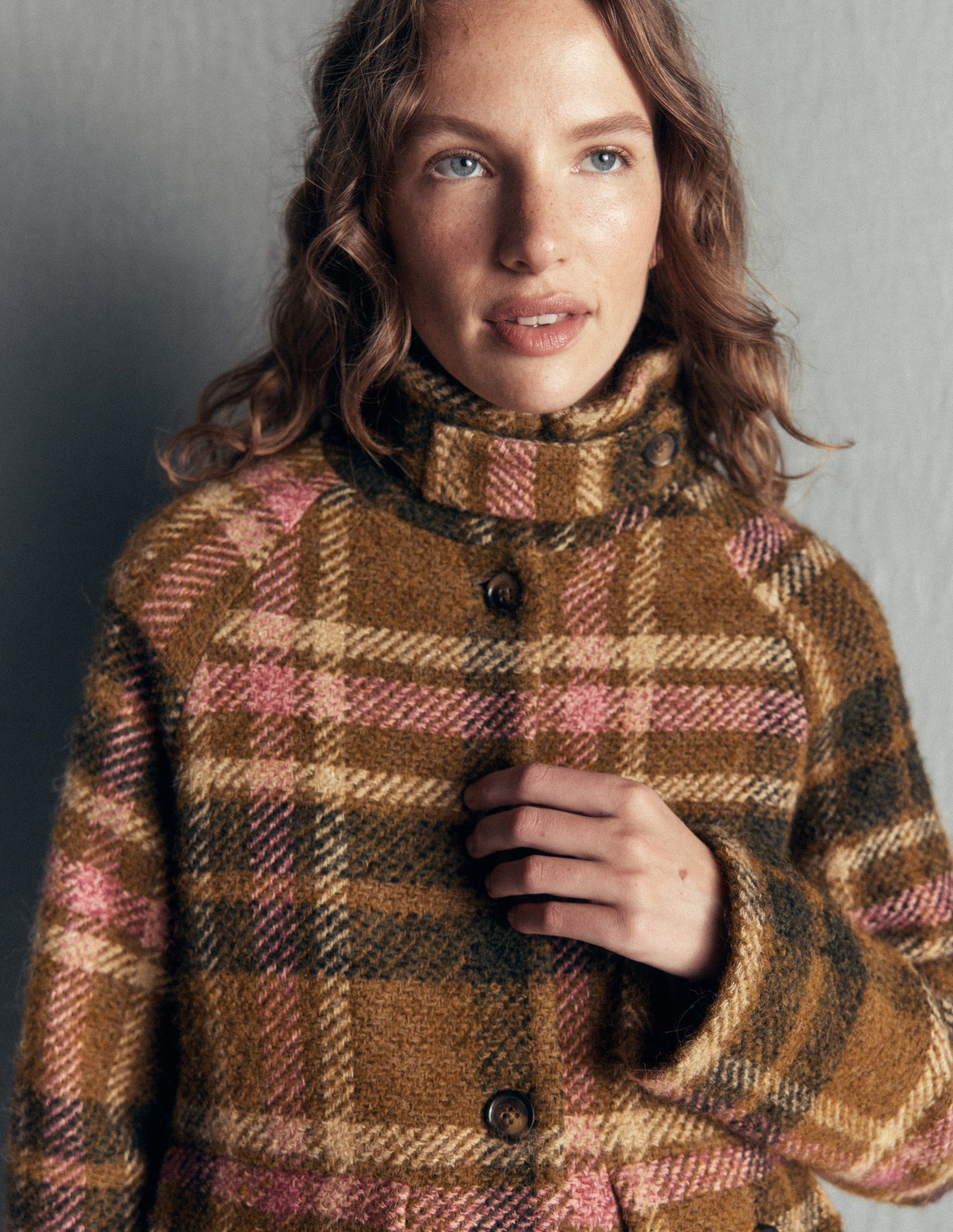 Short Funnel Neck Wool Coat-Green and Pink Check-3