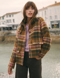 Short Funnel Neck Wool Coat-Green and Pink Check