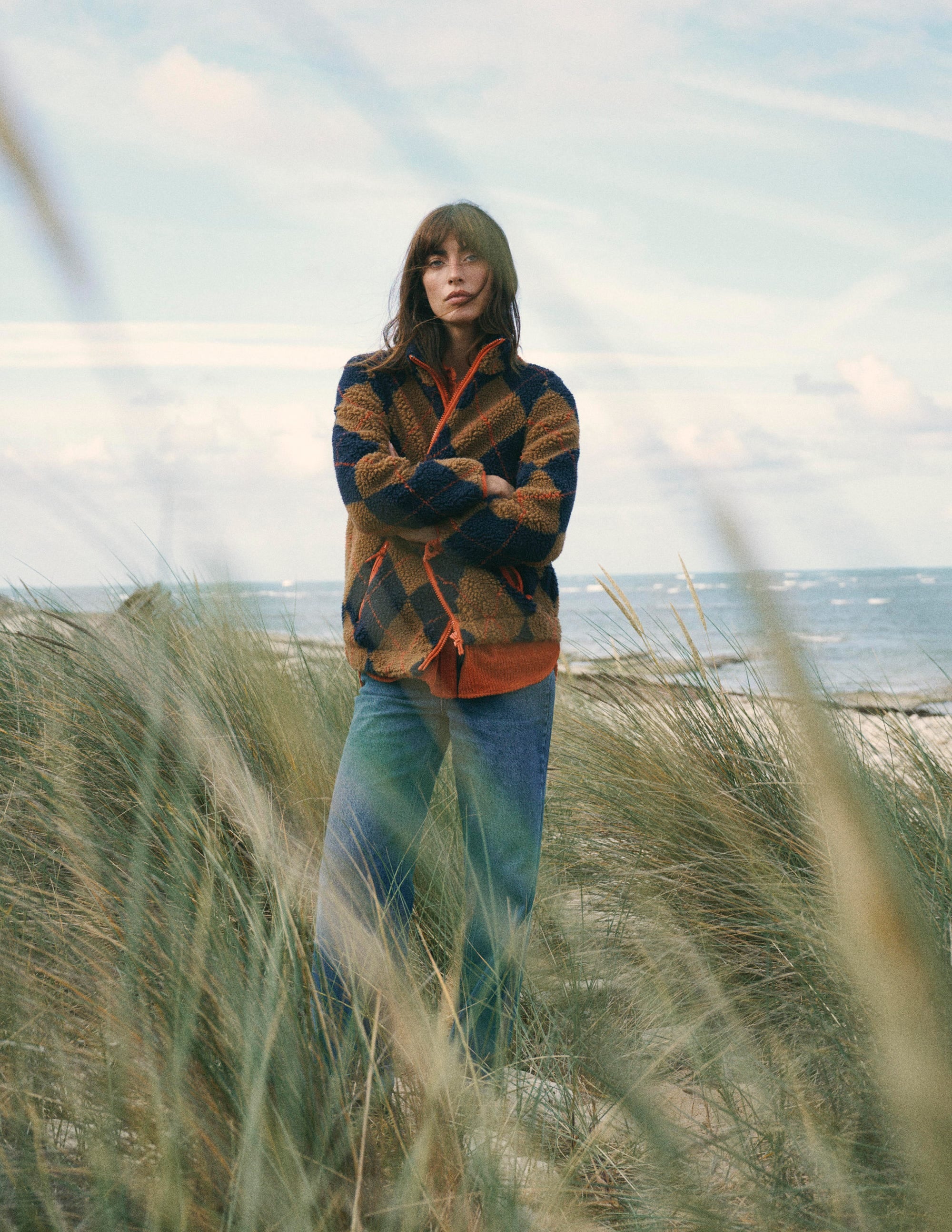 Alnwick Borg Jacket-Camel, Navy & Orange Argyle - Image 1