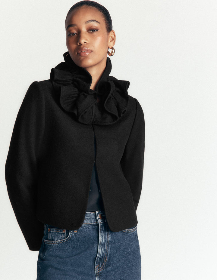 Ruffle Neck Wool Jacket-Black
