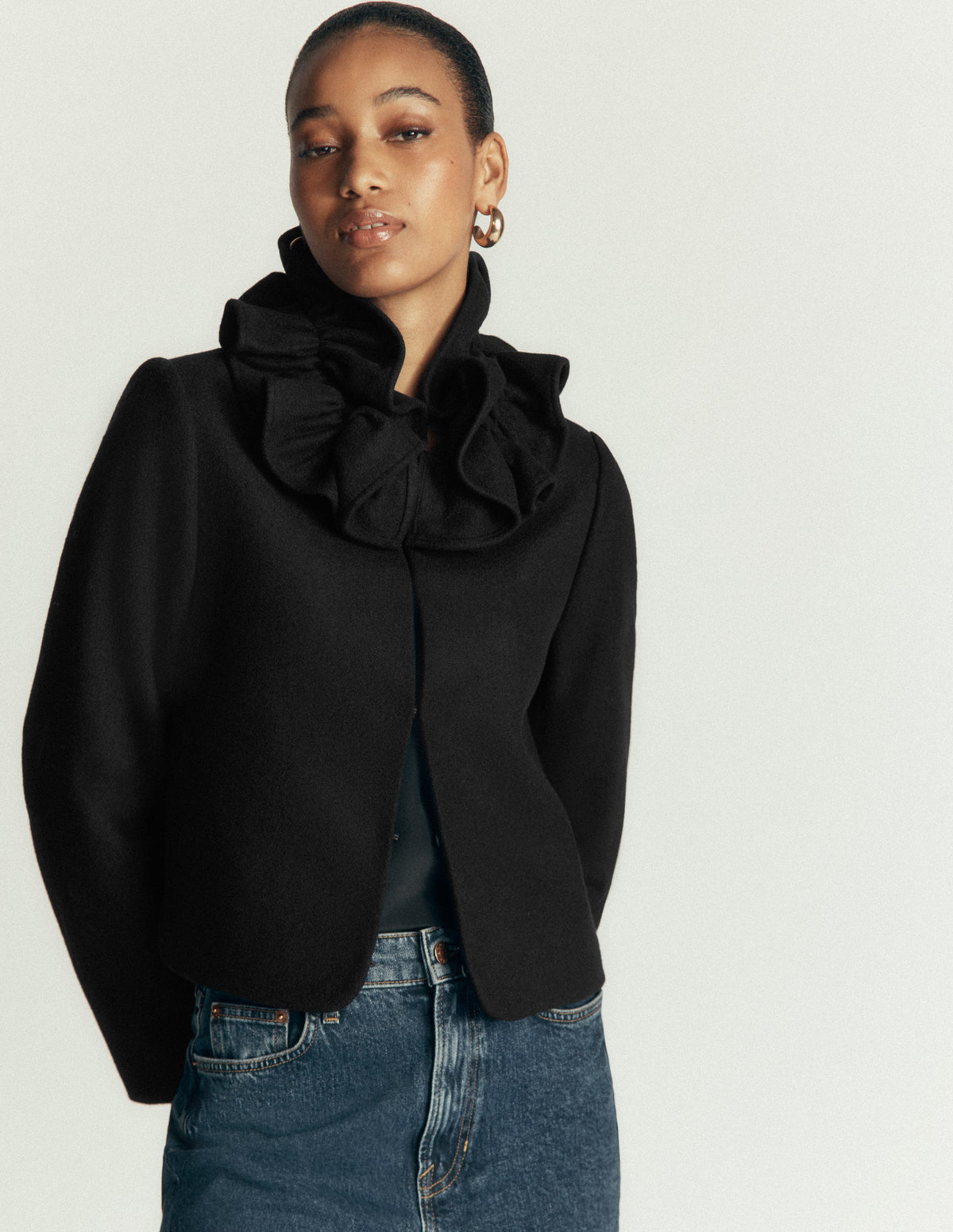 Ruffle Neck Wool Jacket-Black - Image 1