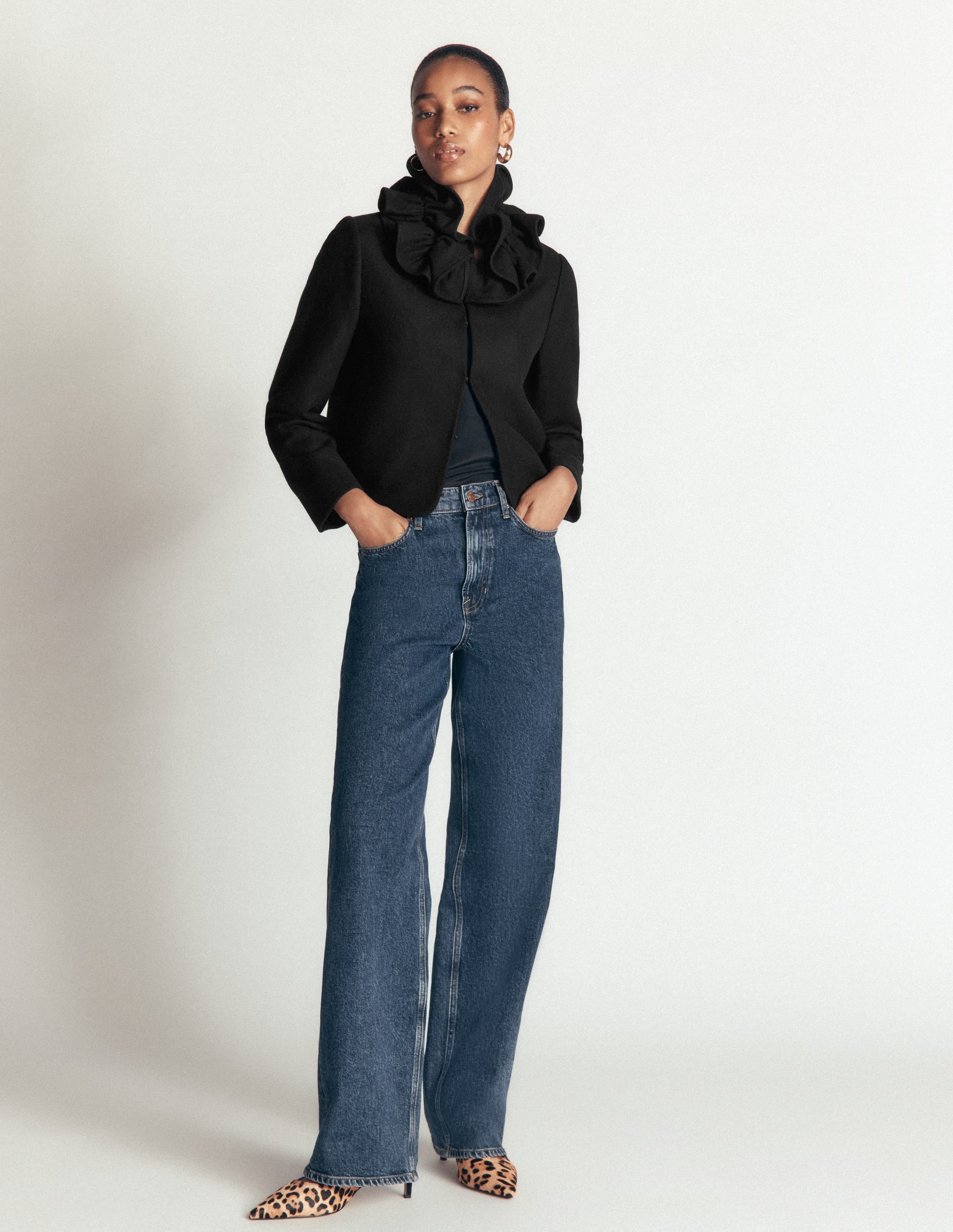 Ruffle Neck Wool Jacket-Black - Image 5