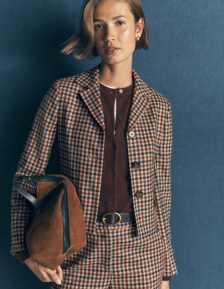 Dartmouth Blazer aus Wollmischgewebe-Naturweiß, Blau und Kastanienbraun Kariert