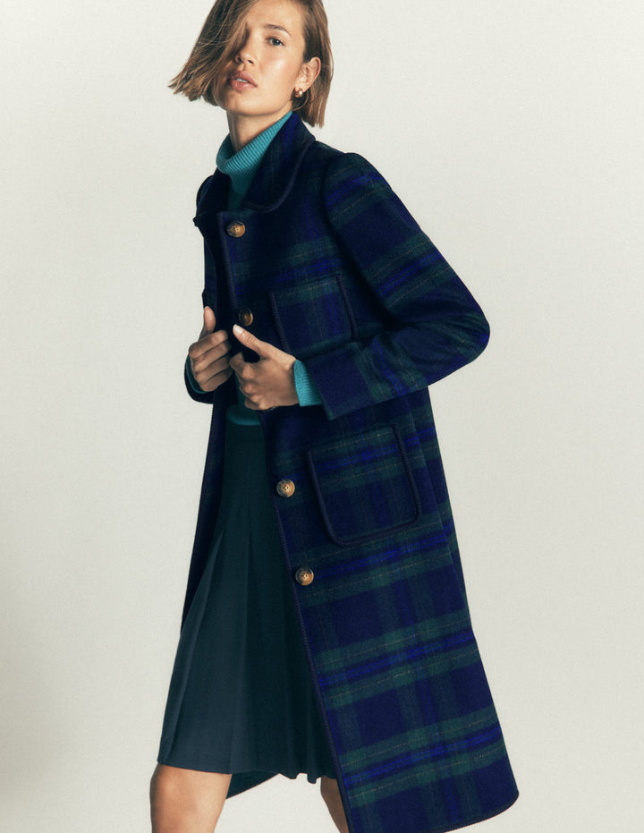 Mantel aus Wollmischgewebe mit aufgesetzten Taschen-Marineblau, Grün und Blau Kariert