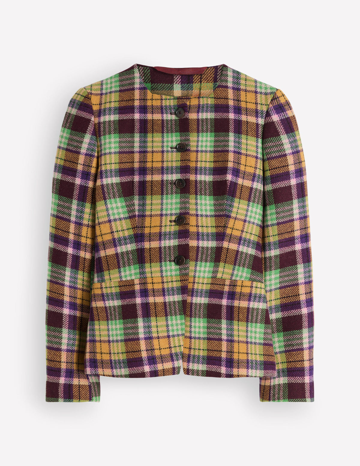 Collarless Wool Blend Blazer-Yellow, Maroon Multi Check - Image 5