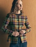 Collarless Wool Blend Blazer-Yellow, Maroon Multi Check