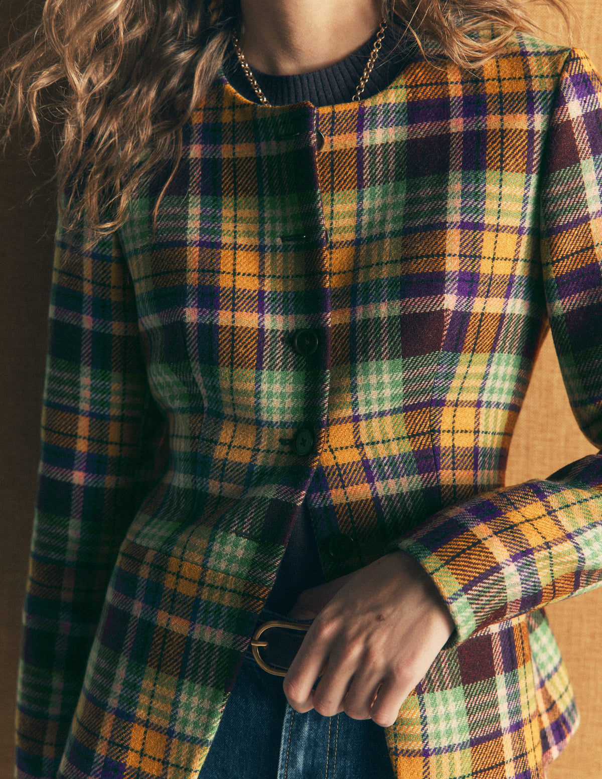 Collarless Wool Blend Blazer-Yellow, Maroon Multi Check-2