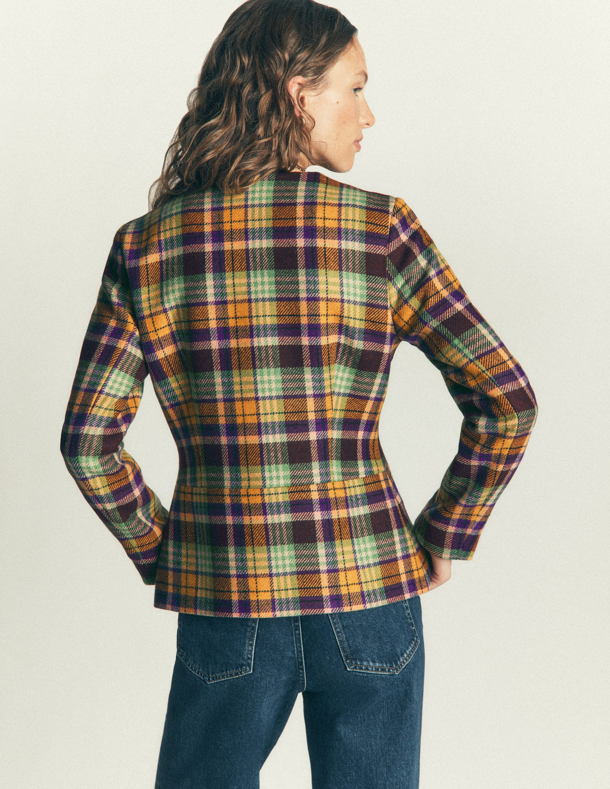 Collarless Wool Blend Blazer-Yellow, Maroon Multi Check - Image 3
