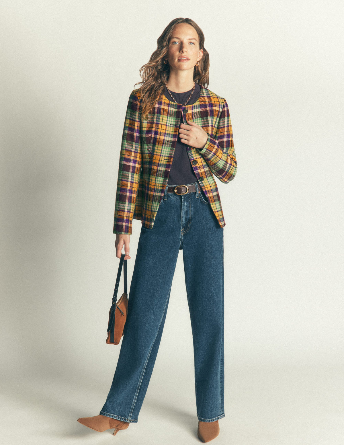 Collarless Wool Blend Blazer-Yellow, Maroon Multi Check - Image 4
