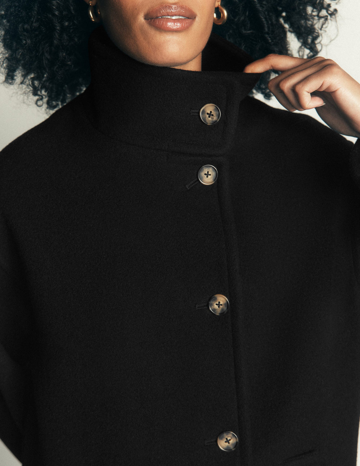 Manteau long en laine à col cheminée-Noir-2