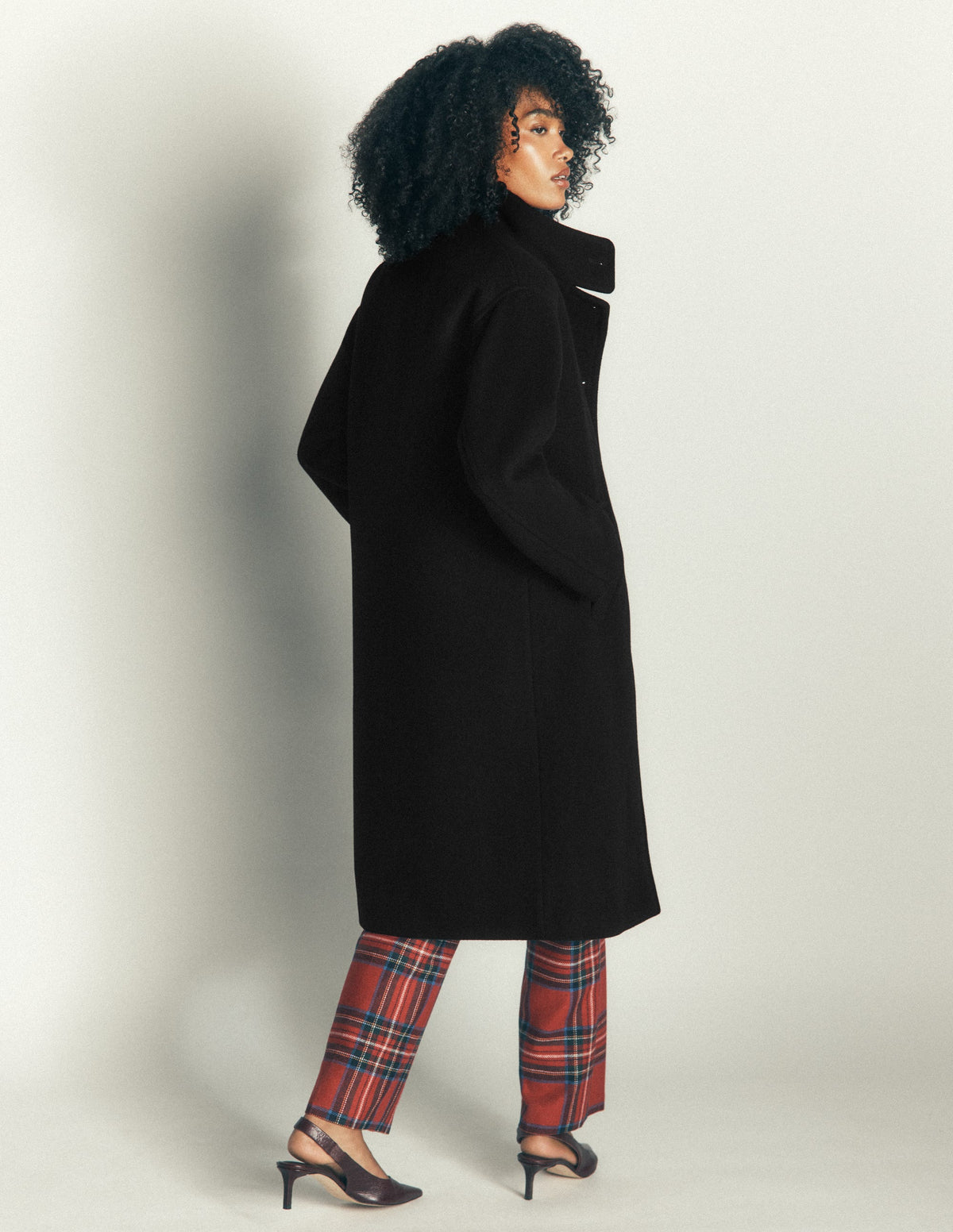 Manteau long en laine à col cheminée-Noir-3