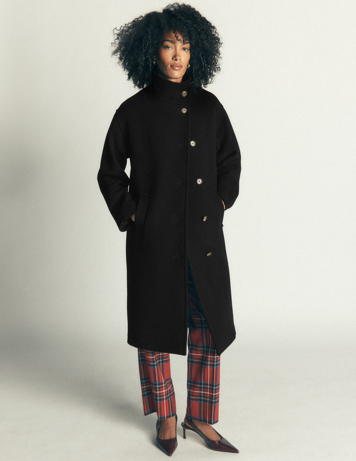 Manteau long en laine à col cheminée-Noir-4