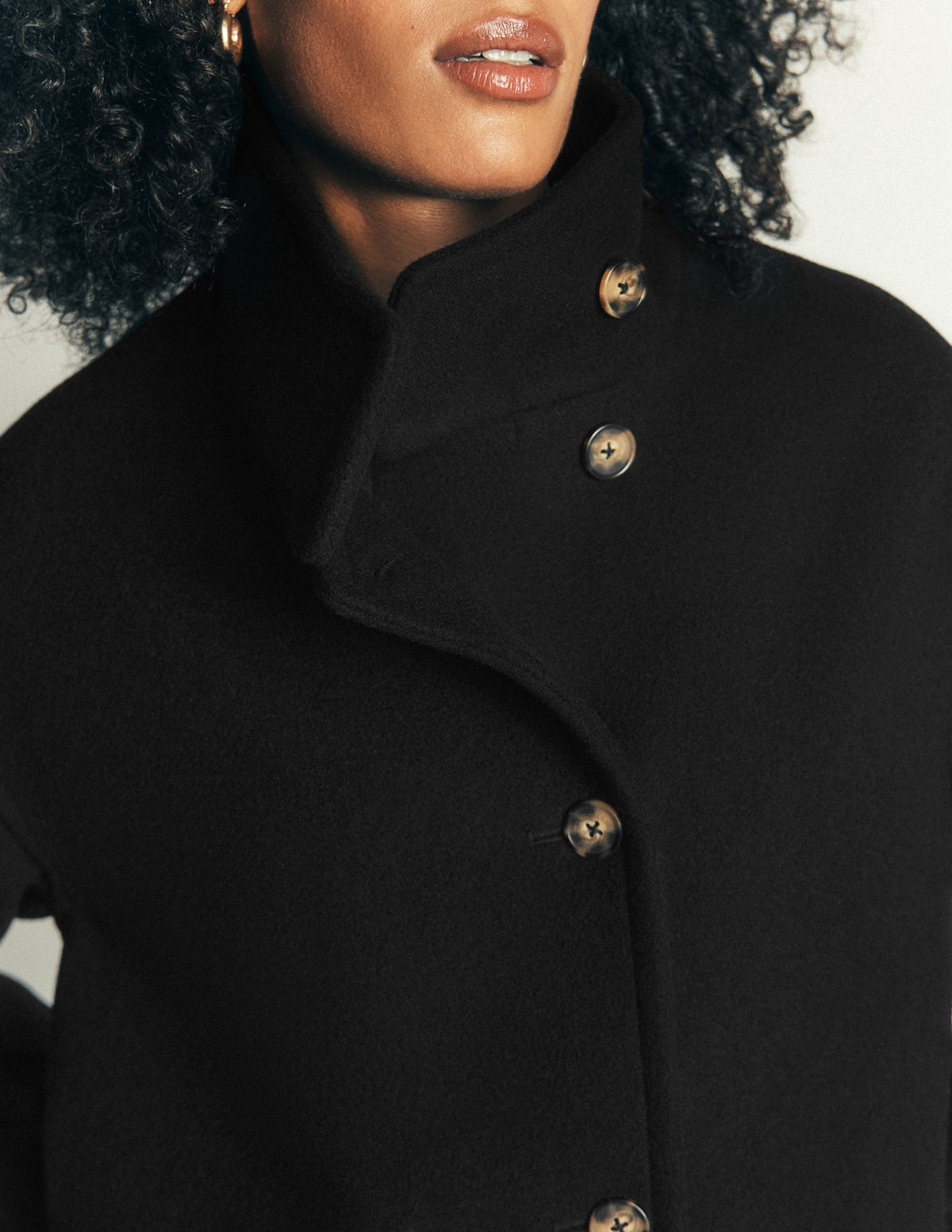 Manteau long en laine à col cheminée-Noir-5