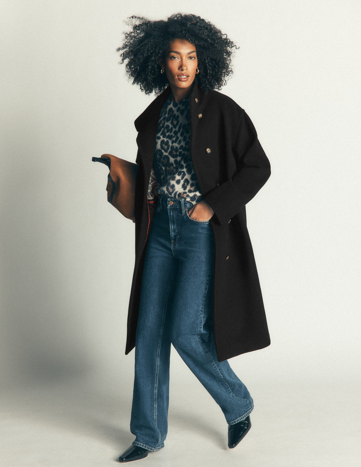 Manteau long en laine à col cheminée-Noir-6