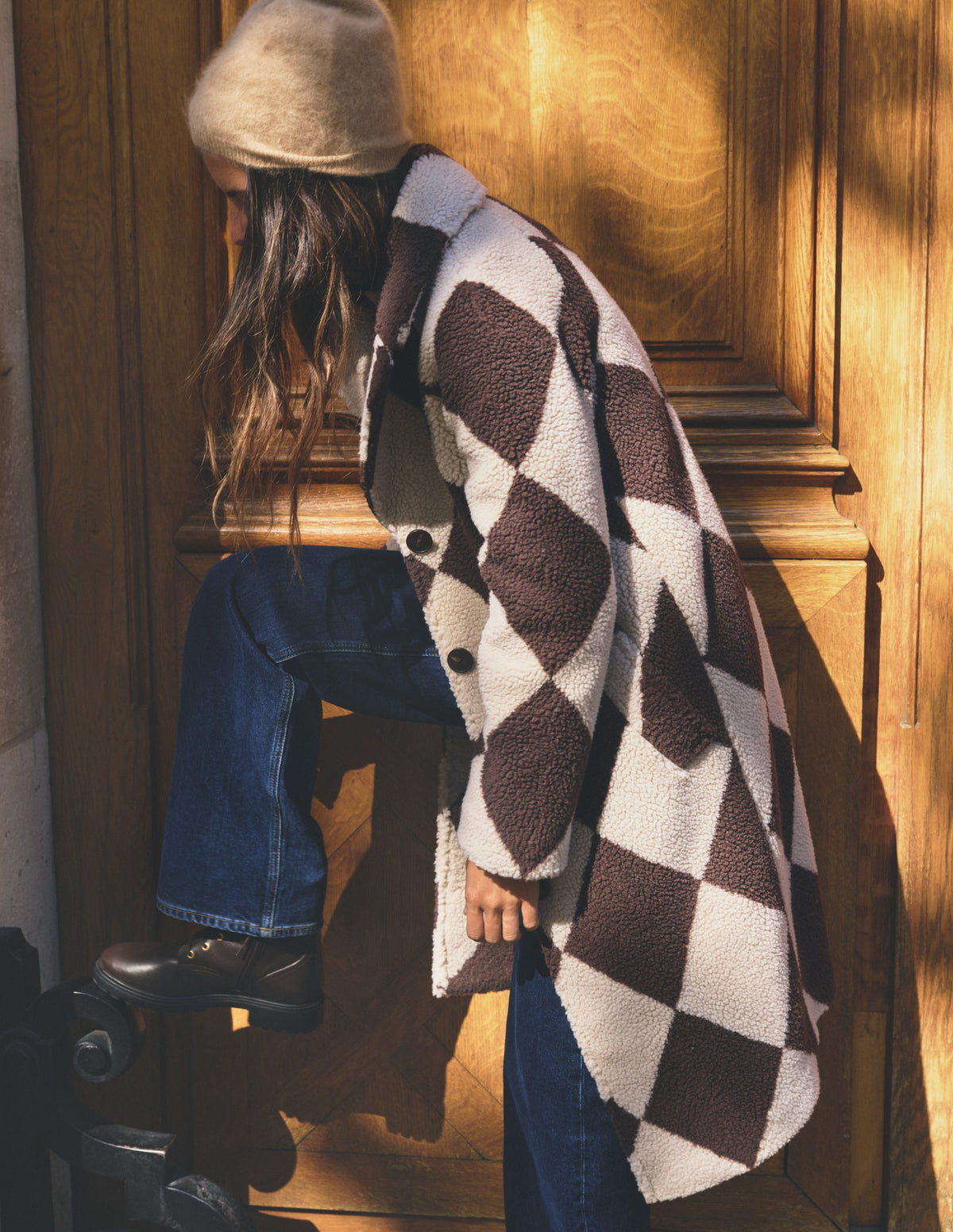 Cotswold Teddyfellmantel-Nerz & Braun Riesiges Argyle-Muster Teddyfell-1