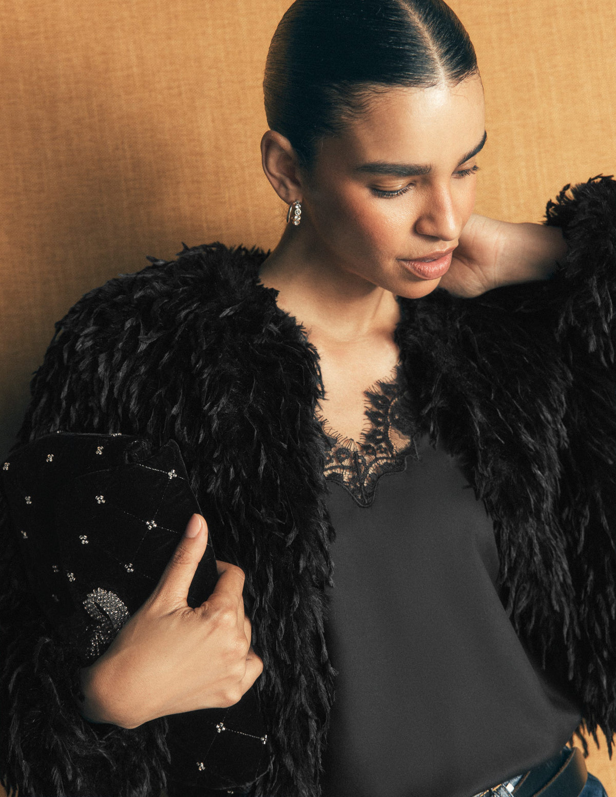 Veste à détails en plumes-Noir-2