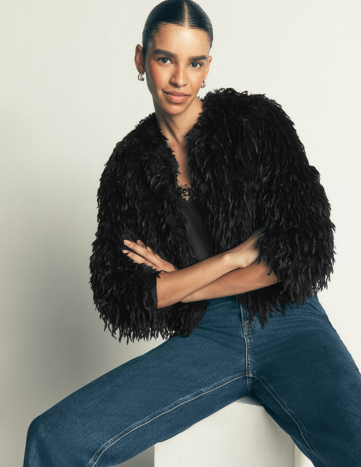 Veste à détails en plumes-Noir - Image 6