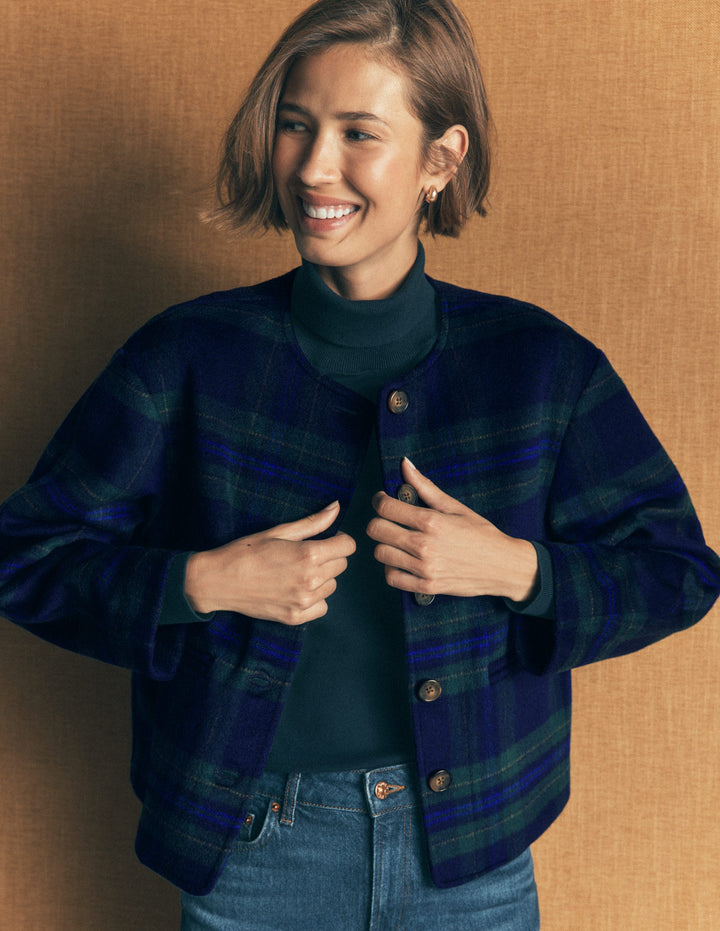 Jacke mit Schalkragen-Marineblau, Grün, Blau Ton-in-Ton-Kariert