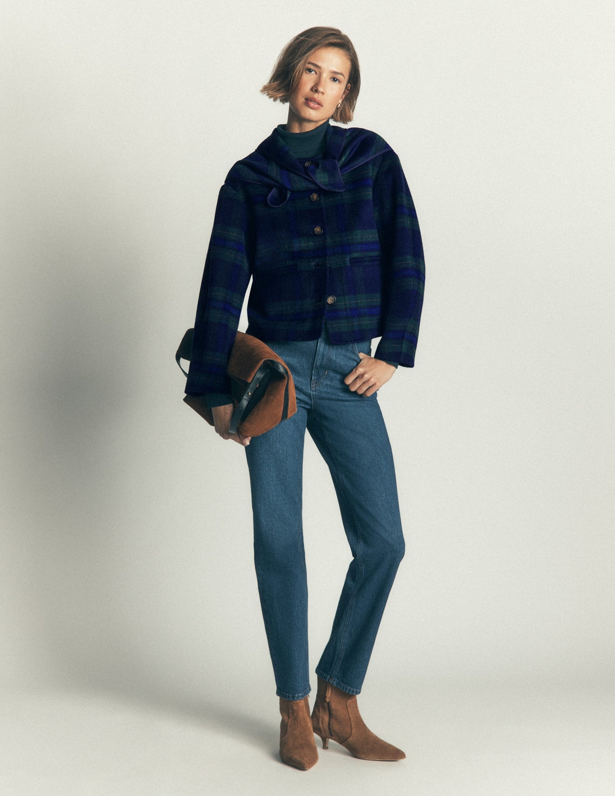 Jacke mit Schalkragen-Marineblau, Grün, Blau Ton-in-Ton-Kariert - Image 5