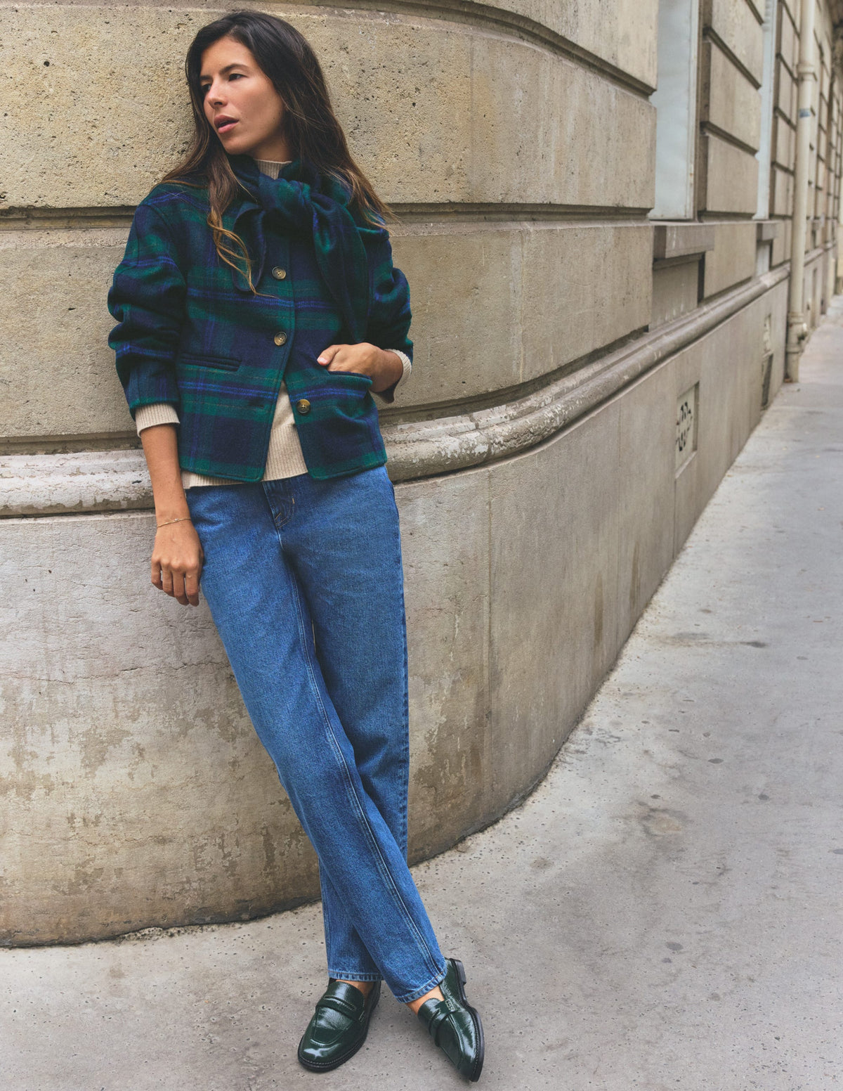 Jacke mit Schalkragen-Marineblau, Grün, Blau Ton-in-Ton-Kariert - Image 1