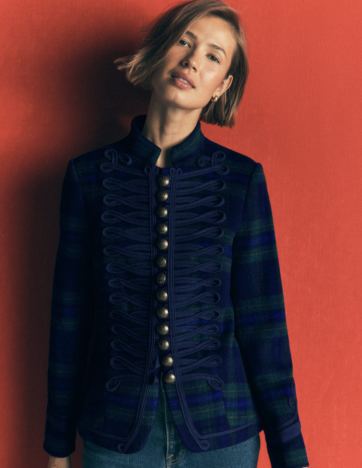 Hereford Wolljacke im Military-Stil-Marineblau, Grün, Blau Ton-in-Ton-Kariert