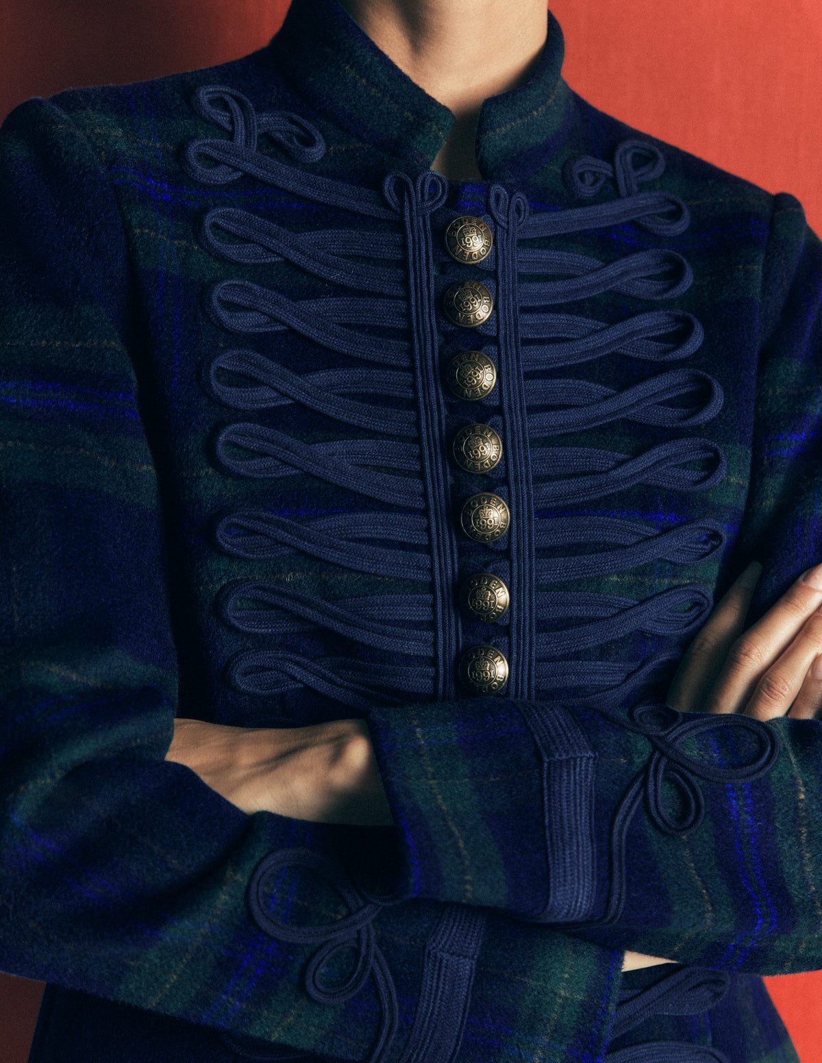 Hereford Military Wool Jacket-Navy, Green, Blue Tonal Check - Image 3