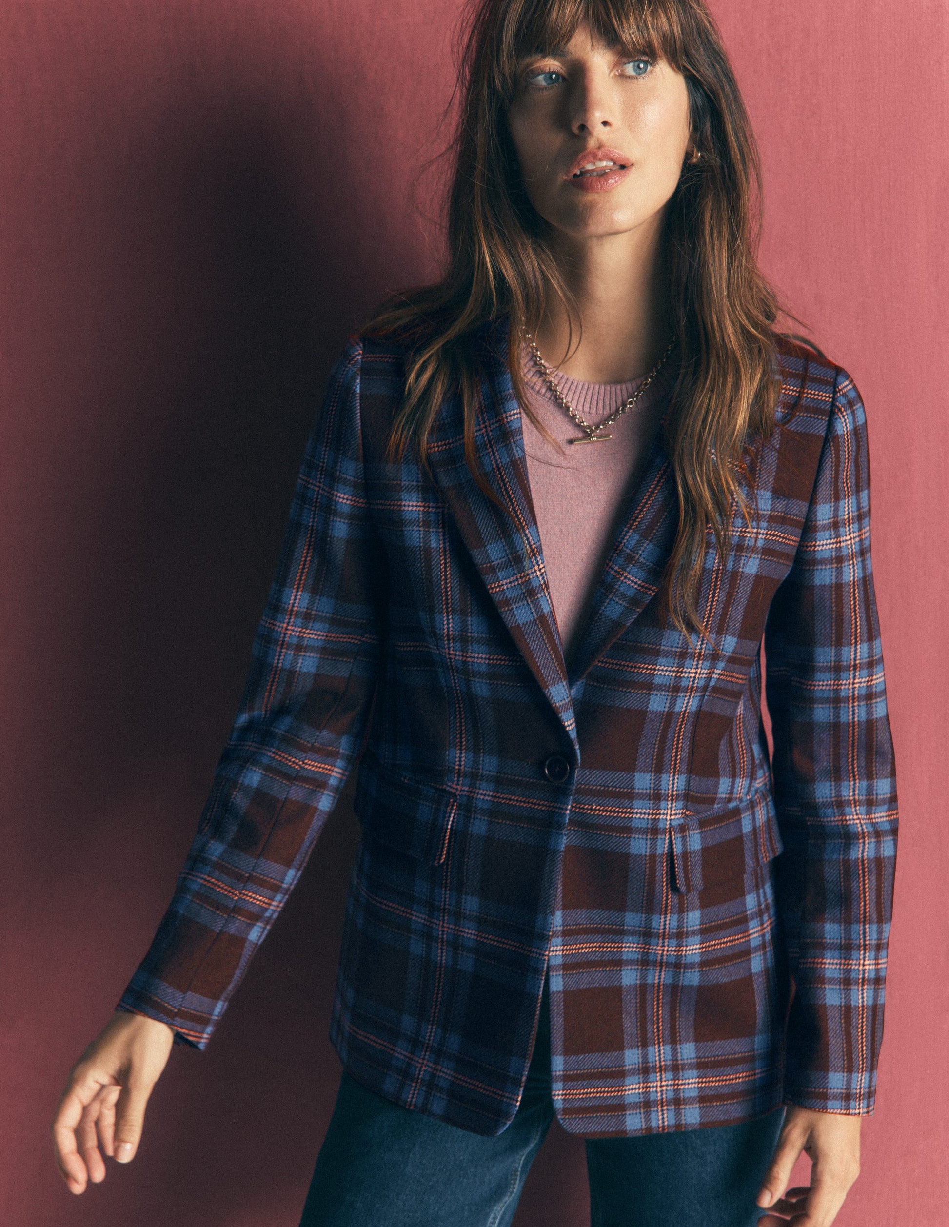 Woodbridge Blazer aus Wollmischgewebe-Braun, Blau und Rosa Kariert-5