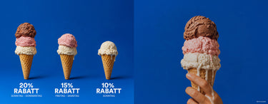 Drei Eiswaffeln vor blauem Hintergrund mit Werbetext: 20 % Rabatt von Mittwoch bis Sonntag, 15 % Rabatt am Montag und 10 % Rabatt am Dienstag. Eine Hand auf der rechten Seite hält eine große, gestapelte Eiswaffel vor demselben blauen Hintergrund.