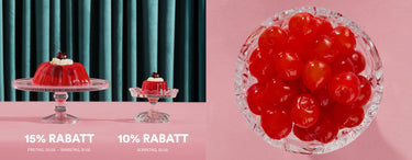 Bild von Kirschen auf Gelee, die mit 15 % Rabatt geschnitten werden, angezeigt