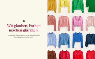 Bunte Pullover auf weißem Hintergrund mit Text über Farbpsychologie.