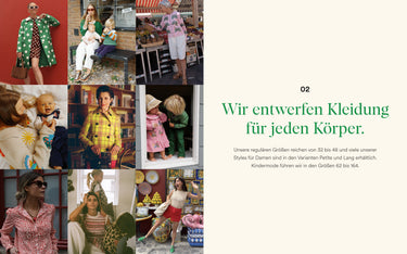 Collage von Menschen, die Kleidung mit Texten über die Herstellung von Kleidung für jeden Körper tragen.