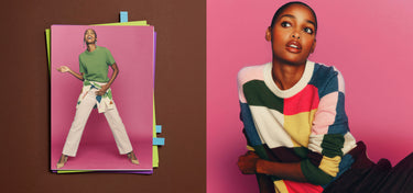 Ein Modefoto im Split-Screen-Format, auf dem ein Model zu sehen ist. Auf der linken Seite ist ein Flat-Lay-Foto zu sehen, das das Model in einem grünen T-Shirt und einer weißen Hose vor einem rosa Hintergrund zeigt; das Foto ist auf einer braunen Unterlage befestigt.