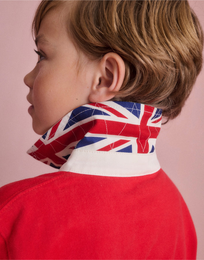Boy wearing Boden Union Jack collar rugby shirt